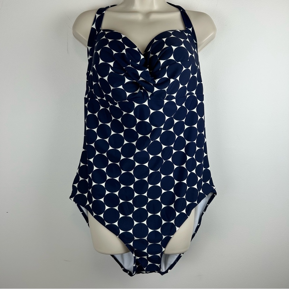 Old Navy Blue and White Polkadot Halterneck One Piece Swimsuit sz XXL Nautical